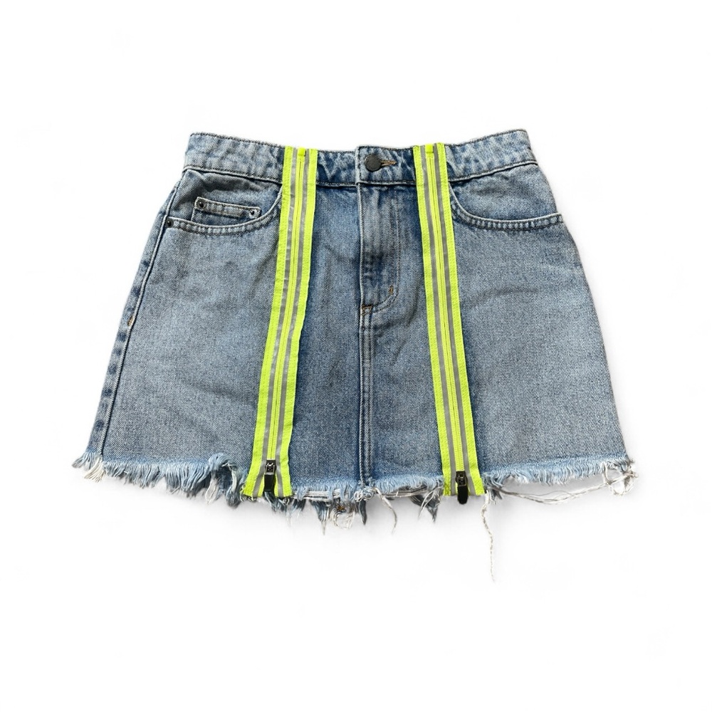 E6- Carmar Ladies 28 Denim Mini Skirt with Neon Stripes - construction worker